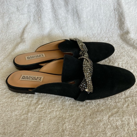 BADGLEY MISCHKA Karin Crystal Embellished Mule in Black Suede Size 7 EUC - Picture 2 of 7